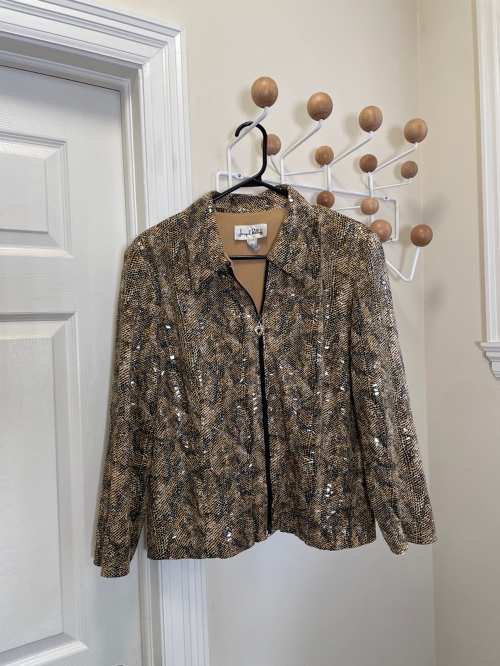 Joseph Ribkoff Classic Collar Zip Up Jacket Animal Print Sequin Yellow Black 14